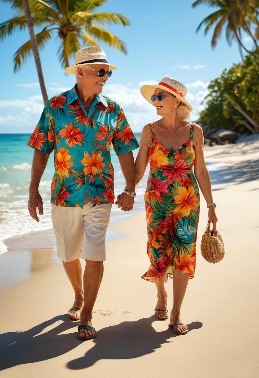 A stylish elderly couple walking hand in hand along a sunlit beach, wearing vibrant tropical outfits with floral patterns. Surround them with lush palm trees, seashells, and a tranquil ocean backdrop. Incorporate elements like a beach hat and sunglasses for a chic coastal vibe. Emphasize warmth, joy, and the essence of a coastal lifestyle. super-realistic. vibrant colors. serene atmosphere.
