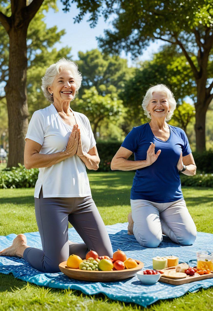 A vibrant outdoor scene featuring active seniors enjoying a sunny day at the park, dressed in stylish yet comfortable clothing. One senior is practicing yoga on a mat, while another is walking a dog, and a group is sitting on a picnic blanket sharing laughter. The surroundings are filled with lush greenery, flowers, and a bright blue sky, embodying a sense of relaxation and chic fashion. super-realistic. vibrant colors. sunny background.