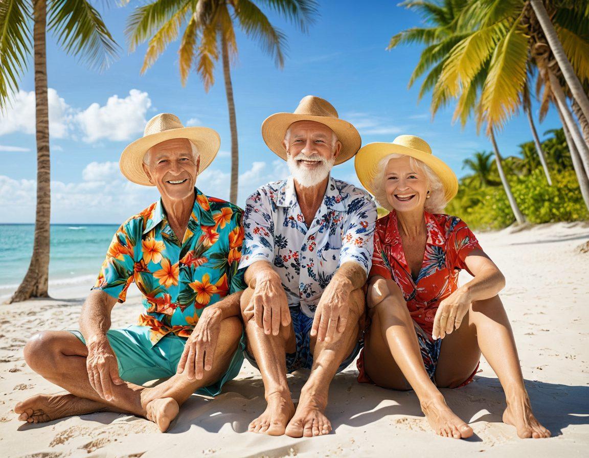 A cheerful senior couple wearing vibrant island-inspired attire, basking in the sun on a sandy beach. The woman wears a colorful floral dress and a wide-brimmed hat, while the man sports a relaxed short-sleeved shirt and shorts. Surrounding them are palm trees and crystal-clear waters, radiating a sense of relaxation and joy. The scene captures the essence of active seniors enjoying fashion and leisure in a tropical paradise. super-realistic. vibrant colors. white background.